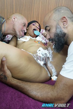 Wife becomes birthday cake, covered in cream and candles, then taken hard in group sex with anal DP - Photo 119