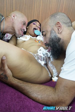 Wife becomes birthday cake, covered in cream and candles, then taken hard in group sex with anal DP - Photo 120