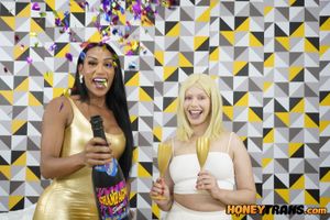 Barbara, a stunning trans beauty, celebrates with Vivian, a hot blonde, ending in a wild fuck with her thick, hard cock - Photo 255