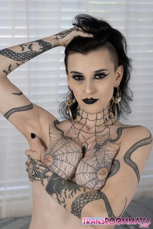 Goth babes Viviana and Riley suck, ride, and moan until Riley gets filled with a messy cream pie - Photo 59