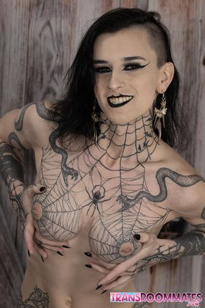 Goth babes Viviana and Riley suck, ride, and moan until Riley gets filled with a messy cream pie - Photo 98
