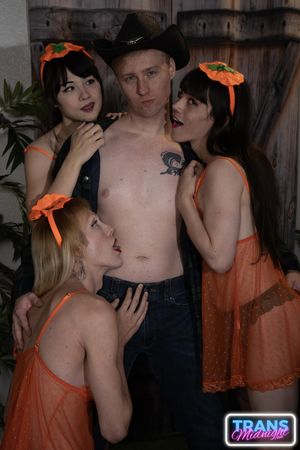 Cailey, Dixie, and Nyxi, hot transsexuals, fuck each other's asses with their hard cocks on Halloween, pleasing a lucky guy - Photo 344